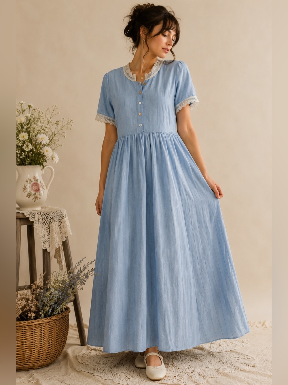 Linen Vibes XXL Blue Striped Prairie Maxi Dress Lace Trim Cottagecore Tie Back